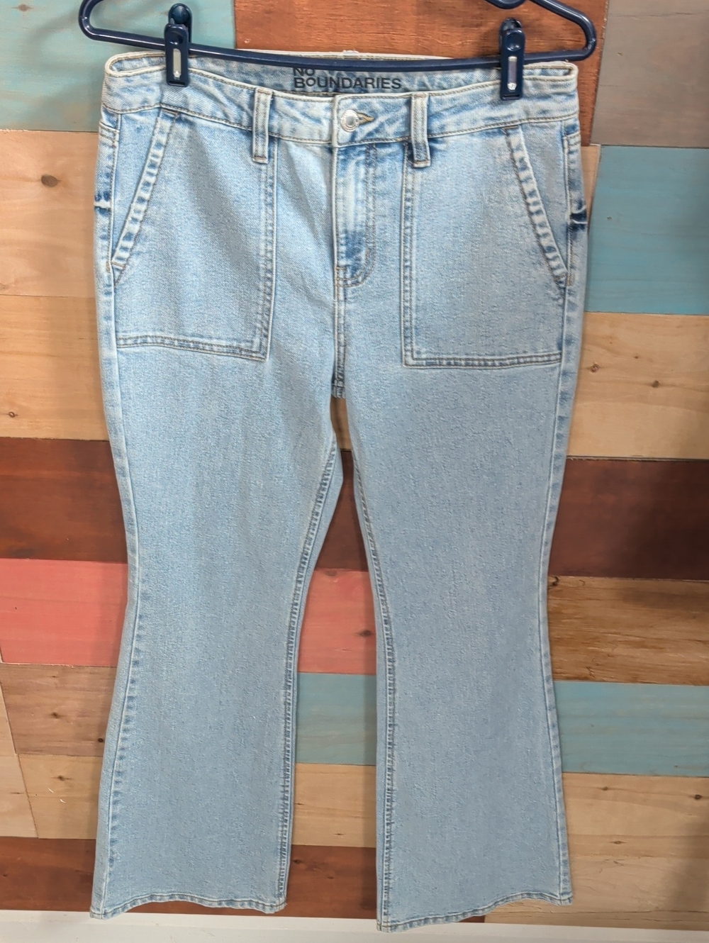 No Boundaries Light Blue Flare Jeans with Front Patch Pockets